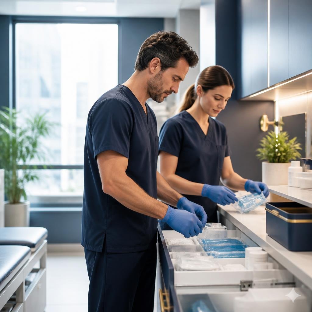 Healthcare professionals preparing examination supplies